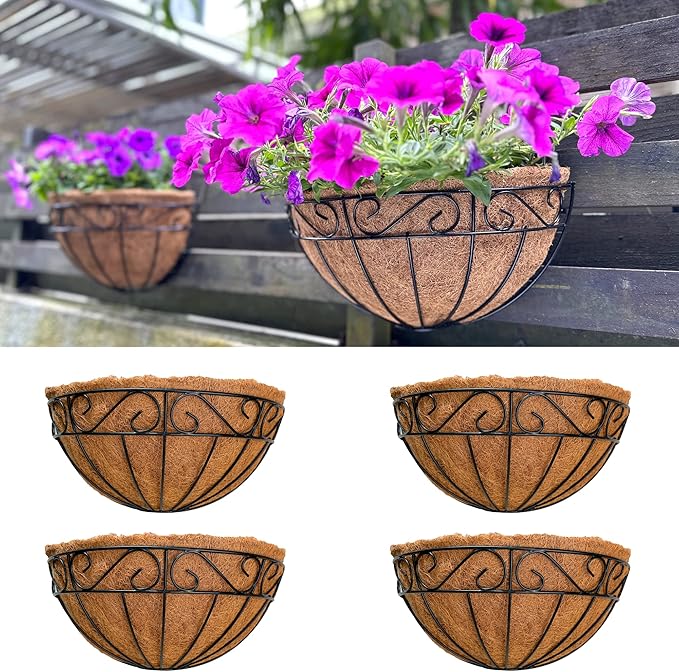 LaLaGreen Outdoor Wall Planters, 4 Pack, 14 Inch Large Balcony Planter Railings Hanging, Rail Flower Basket with Coco Liner English Horse Trough Black Metal Wire Succulent Pot Holder Deck Porch Garden L%C3%A1L%C3%A1Green