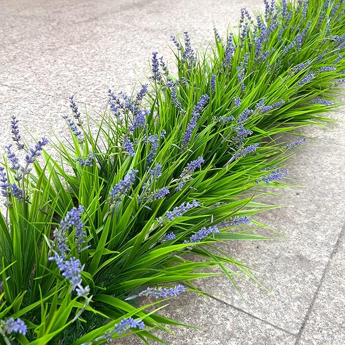 alyptus 12 Bundles Artificial Plants Outdoor Fake Monkey Grass with Flowers for Pot UV Resistant Plant Decor for Window Garden Patio Hanging Planter Pathway Front Porch (Grass with Flowers) ALYPTUS