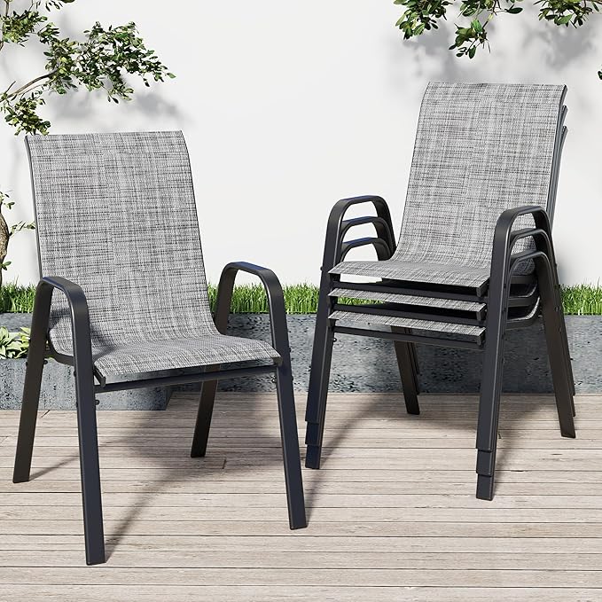 Patio Chairs Set of 4, Stackable Outdoor Dining Chairs for All Weather Textilene Fabric & Metal Frame, Outdoor Chairs Set for Backyard Deck Garden (Grey, Set of 4) Vimstora