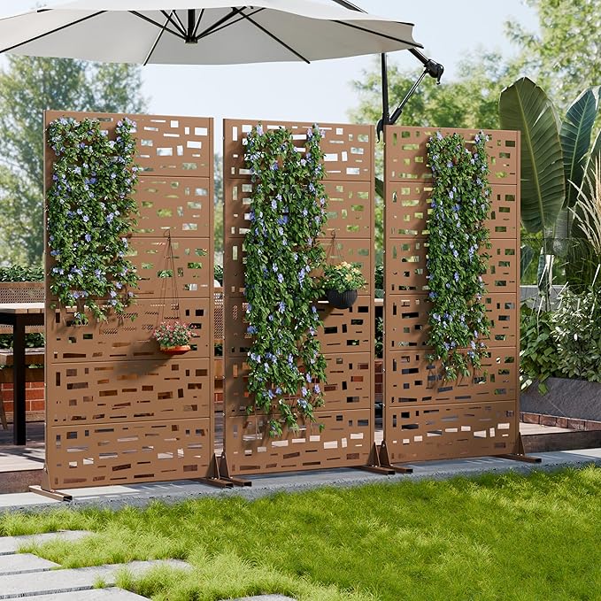 Casaphoria Metal Privacy Screen Outdoor, 72" H x 35" W Freestanding Decorative Privacy Screen for Patio Deck Balcony Garden with Stable Base, Brown-Geral Casaphoria