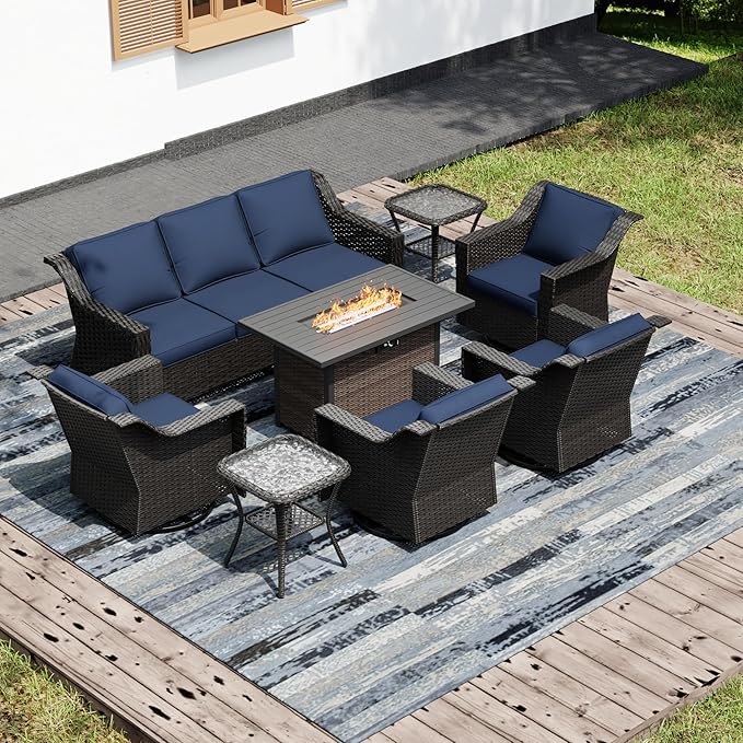 Joyside Wicker Patio Furniture Sets, 8 Pieces Upgraded Large Size Outdoor Furniture with 4 Swivel Rocking Patio Chairs, 3-Seat Sofa, Fire Table, Coffee Table, Thick Cushions, Wide Armrest, Blue Joyside