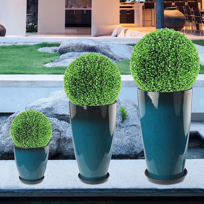 24-21-11 Inch Tall Planters Set of 3, Indoor Outdoor Blue Glossy Round Planter with Drainage Hole and Saucer, Large Decorative Plant Pots for Home Garden Porch (Blue) Goldshire