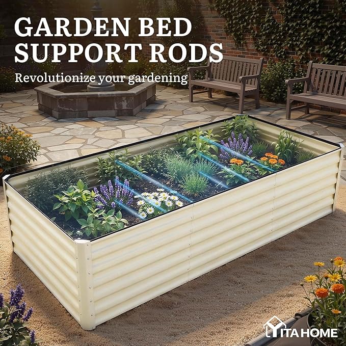 YITAHOME 8x4x2ft Large Raised Garden Bed Kit, Galvanized Metal Planter Box with Gloves, Support Rod & Safety Rubber, Outdoor Above Ground Planters for Plants Vegetables Flowers, Cream Yellow YITAHOME