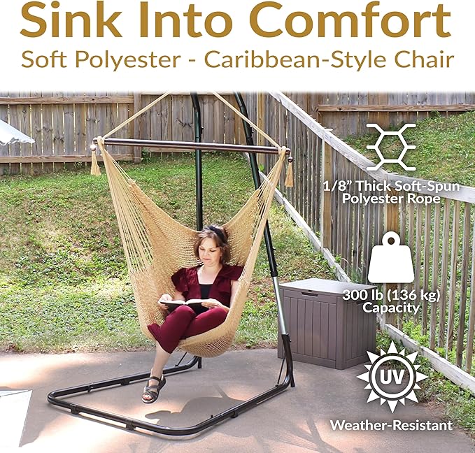 Sunnydaze Outdoor Hammock Chair Swing - Hanging Hammock Swing - Hanging Reading Chair - Soft-Spun Polyester Rope - Caribbean XL - Tan SunnydazeDecor