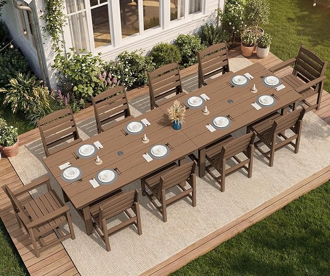 SERWALL Patio Dining Sets for 6 Person, HDPE Dining Set with 6 Armless Chairs, Brown SERWALL
