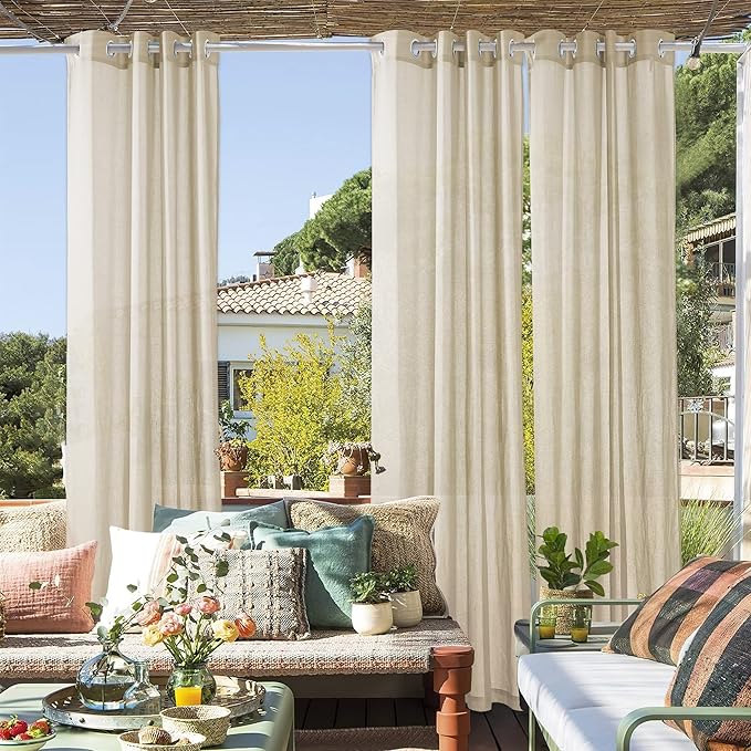 RYB HOME 2 Panels Outdoor Sheer Curtains for Patio Waterproof - Natural Linen Privacy Added Light Filtering Drapes with Tie Ropes for Gazabo Porch Pergoa Balcony, 52 X 84 Inches, Beige RYBHOME