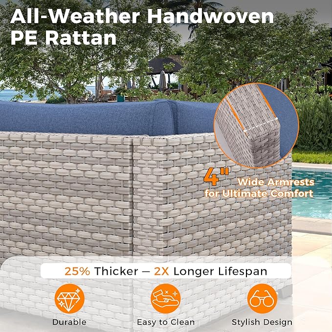 14-Seat Outdoor Wicker Patio Furniture Set with Fire Pit Table, Modular Rattan Sectional Sofa & 2 Swivel Rocking Chairs, 4" Thick Cushions, Rust-Resistant Frame,Navy MASIONBACKYARDS