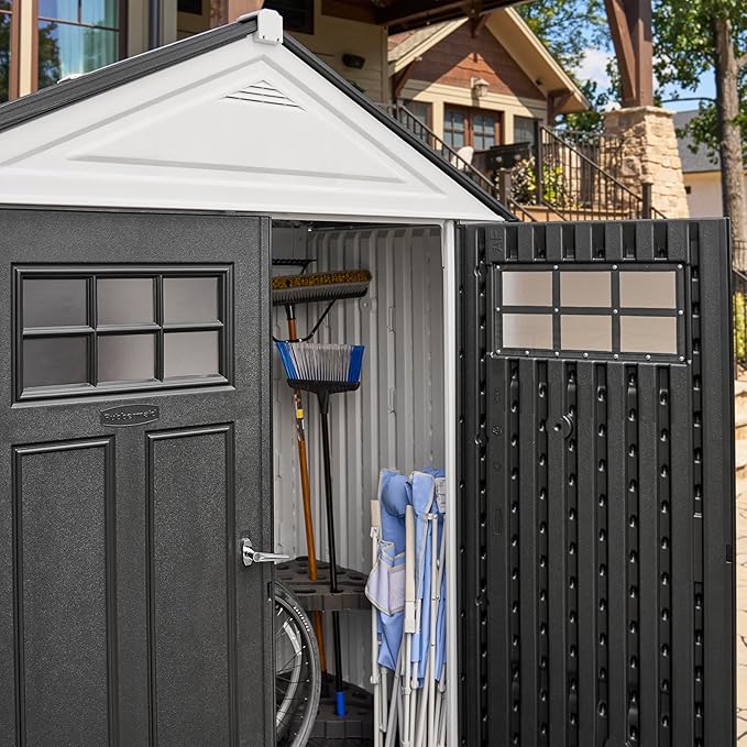 Rubbermaid Resin Outdoor Storage Shed With Floor (7 x 3.5 Ft) Weather Resistant, White, Organization for Home/Backyard/Garden Tools/Lawn Mower/Bike Storage/Pool Supplies Rubbermaid