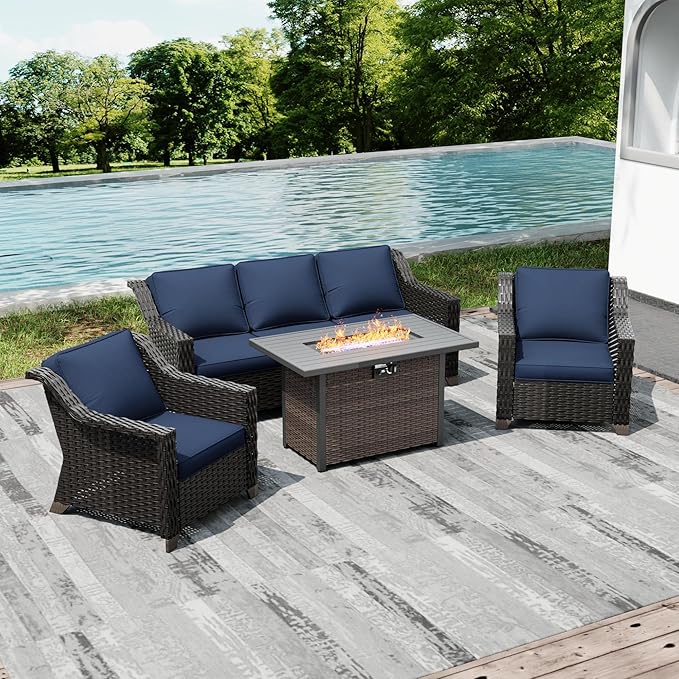 Joyside Wicker Patio Furniture Sets, 4 Pieces Upgraded Large Size Outdoor Furniture with Patio Dining Chair, 3-Seat Sofa, Fire Table,Thick Cushions, Wide Armrest, Blue Joyside