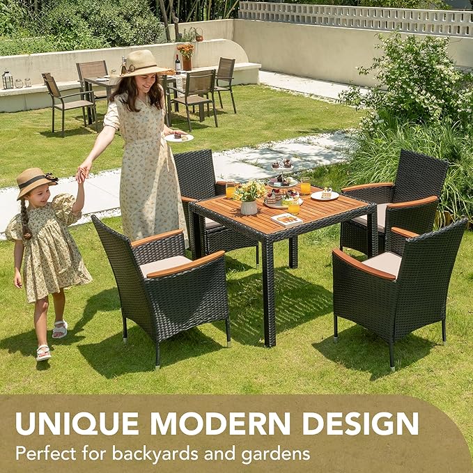 Devoko 5 PCS Furniture, Patio Conversation Set with Acacia Wood Top, Rattan Outdoor Dining Table and Chairs for Backyard, Garden, Deck, Black DEVOKO