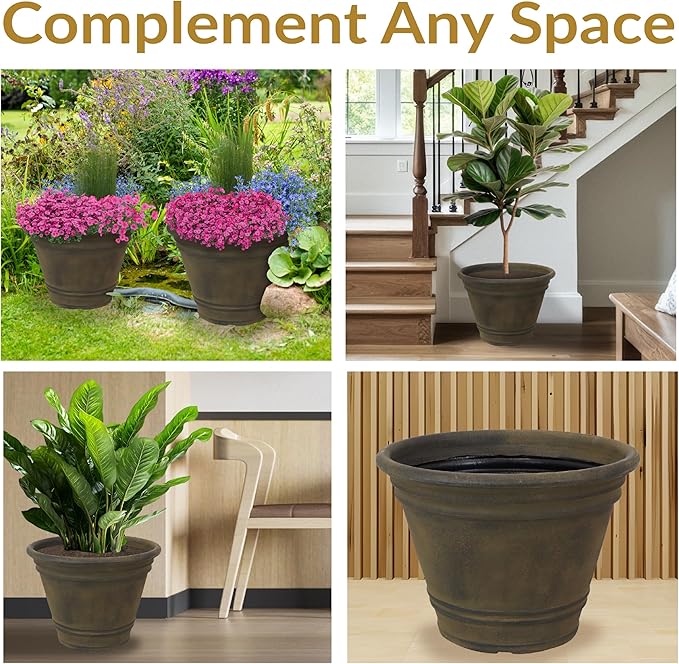 Sunnydaze 20-Inch Franklin Large Plant Pot - Polyresin Round Outdoor Planter with Drillable Drainage Hole - Sable SunnydazeDecor