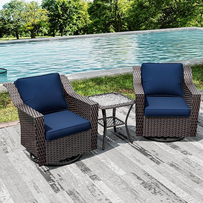 Joyside Wicker Patio Furniture Sets, 3 Pieces Upgraded Large Size Outdoor Furniture with 2 Patio Swivel Chairs and 1 Side Table, Thick Cushions, Wide Armrest Joyside