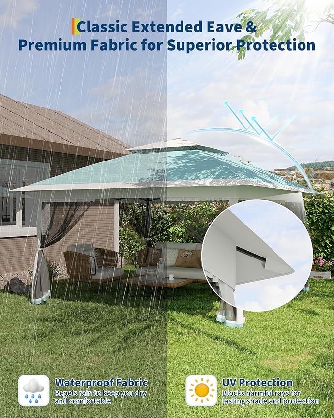 Canopy Tent 12x12 ft, Pop Up Gazebo One-Push Setup with 4 SandBags for Backyard Parties and BBQs, Mosquito Netting & Height Adjustable - Lake Blue GarveeLife