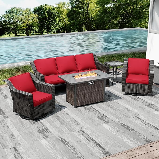 Joyside Wicker Patio Furniture Sets, 5 Pieces Upgraded Large Size Outdoor Furniture with Swivel Rocking Patio Chairs, 3-Seat Sofa, Fire Table, Coffee Table, Thick Cushions, Wide Armrest, Red Joyside