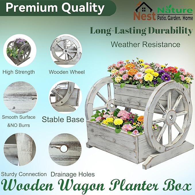 NestNature Wooden Wagon Planter Box,Raised Garden Bed,Decorative Garden Planters with Wheels-Outside Flower Pots for Indoor/Outdoor Décor Plants (Antique White) NestNature