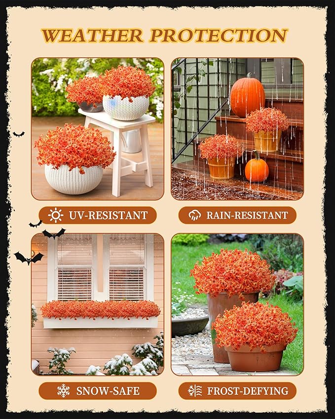 Artificial Fall Flowers Faux Mums for Outdoor Planters,Orange Red 16 Bundles Silk Fake Plants UV Resistant for Outside,Autumn Decorations for Porch,Pot,Window Boxes,Front Yard,Thanksgiving Home Decor JAKY-Global