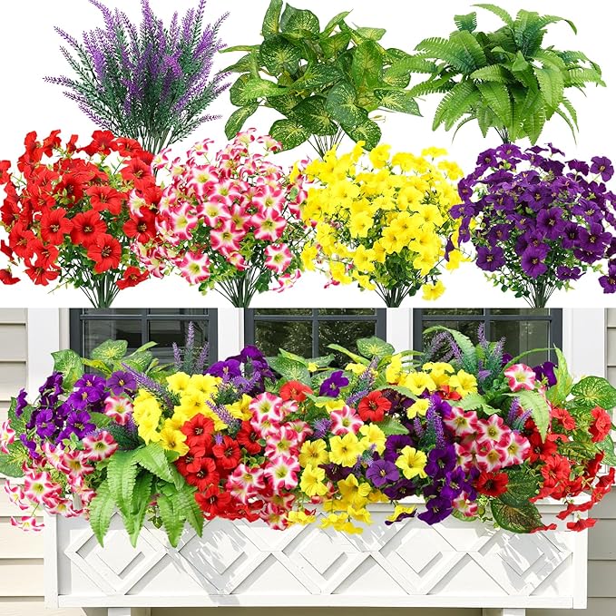 HOHOTIME 21 Bundles Artificial Flowers for Outdoors, No Fade Fake Plastic Flowers Faux Plants, Eucalyptus Morning Glory for Hanging Planters Garden Porch Window Box Home Wedding Farmhouse HOHOTIME