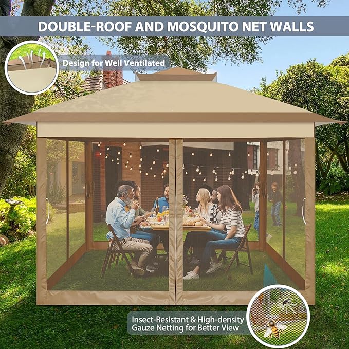 COBIZI 11x11 FT Pop up Gazebo Canopy Tent - Outdoor pop up gazebos on Clearance,carpas para Patio,Shelter - Screen Tents with Portable Carry Bag,Patio Gazebos for Camping,Garden,Deck,Backyard,Khaki COBIZI