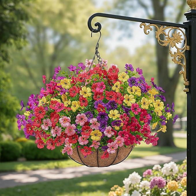 2 Set Artificial Faux Hanging Plants Flowers Basket for Outdoors Spring Summer Decoration, 2 Hanging Planters with 24pcs Fake Silk Flowers UV Resistant for Outside Porch Patio Garden Home 6 Multicolor Tiabean