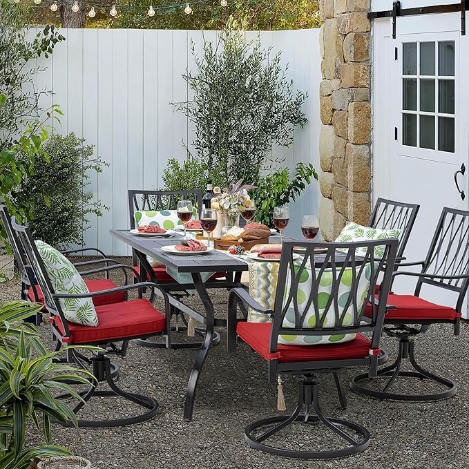 NUU GARDEN 7 Piece Outdoor Dining Set Rectangle Iron Patio Table with Umbrella Hole and 6 Swivel Chairs with Cushions Outdoor Furniture Set for Garden Backyard Black and Red NUUGARDENCORPORATION