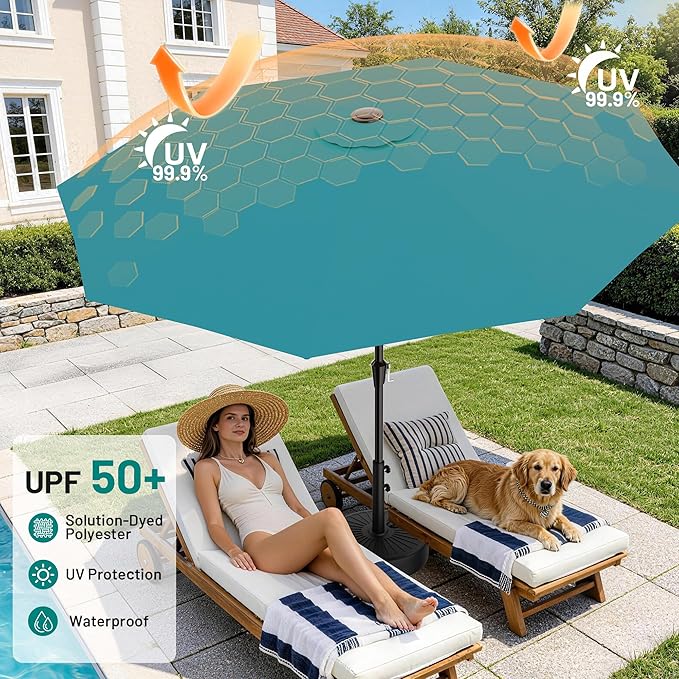 AreShark 9 FT Patio Umbrella for Outdoor, Outdoor Table Umbrella with Push Button Tilt and Crank, Outdoor Patio Umbrellas with 8 Sturdy Ribs for Market, Garden, Pool (Lake Blue) Rootora