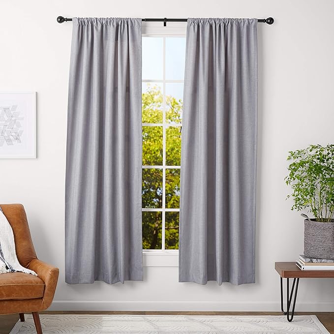 Amazon Basics Adjustable Curtain Rod for Windows, Round Finials, Easy Installation, Sturdy, 1-Inch Rod, 36" to 72", Black, 2-Pack AmazonBasics