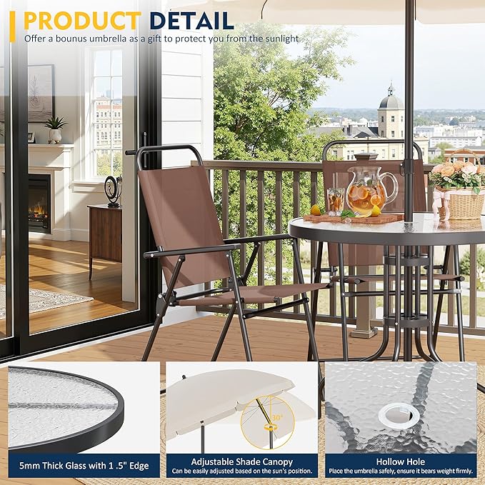 Shintenchi 6 Piece Patio Dining Set with Umbrella, Outdoor Furniture Set with 4 Folding Chairs and Tempered Glass Top Dining Table fot Lawn Backyard Garden Porch Brown and Beige Shintenchi