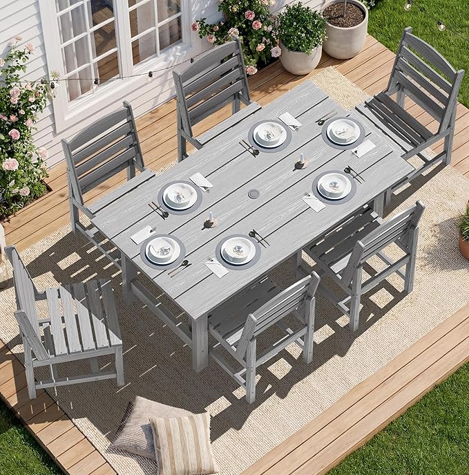 SERWALL Patio Dining Sets for 6 Person, HDPE Dining Set with 6 Armless Chairs, Light Gray SERWALL