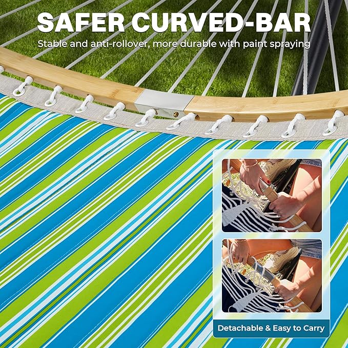 SUPERJARE Curved-Bar Hammock with Stand, 2 Person Heavy Duty Hammock Frame, Detachable Pillow & Portable Carrying Bag, Perfect for Outdoor & Indoor, Thin Blue and Green Stripes SUPERJARE