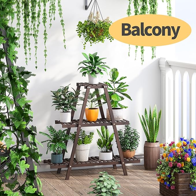Plant Stand Indoor, Outdoor bamboo Plant Rack for Multiple Plants, 3 Tier 8 Potted Flower Holder Ladder,Plant Shelf Ladder Table Plant Pot Stand for Living Room, Patio, Balcony (Brown) Furshus
