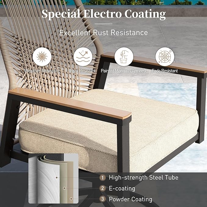 7 Pieces Patio Dining Set, 6 x Woven Rattan Chairs with Waterproof Cushion, 59" Rectangular Metal Dining Table with Umbrella Hole, Outdoor Table and Chairs Set for Backyard Lawn and Deck, Beige SUNSHINEVALLEY