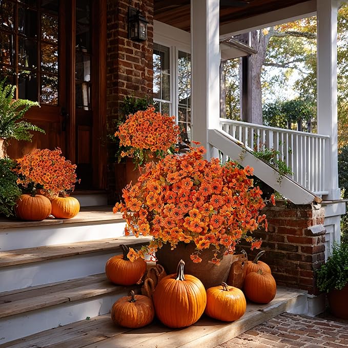 Artificial Fall Flowers Outdoor Fake Mums - 16 Bundles Fake Plants UV Resistant No Fade Faux Plastic Greenery Garden Porch Patio Fall Home Decor (Orangegreen) AXYLEX