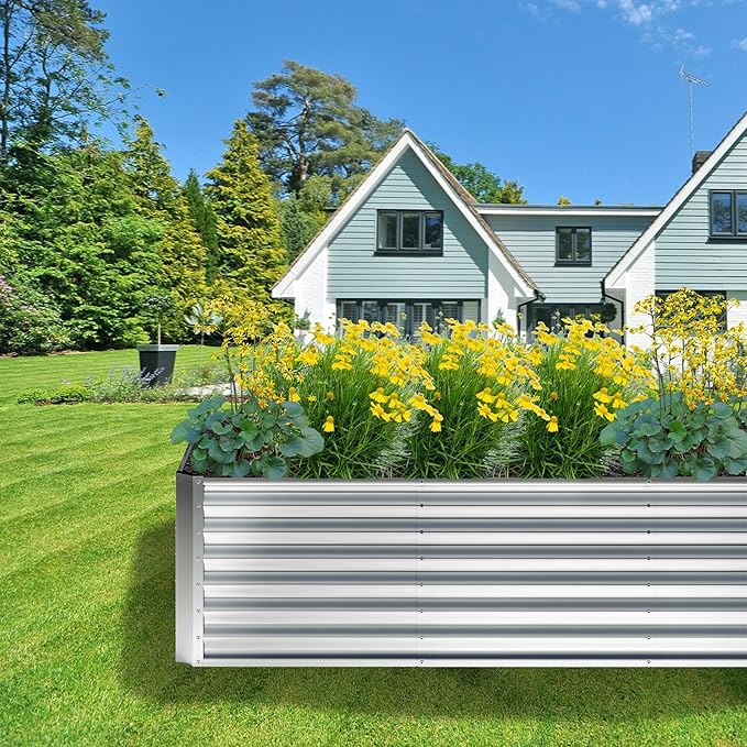 8x4x2FT Galvanized Raised Garden Bed,Planter Raised Beds-Metal Garden Box,Large Plant for Outdoor Planting, Vegetables Bed，Flower,herb-Silver Home