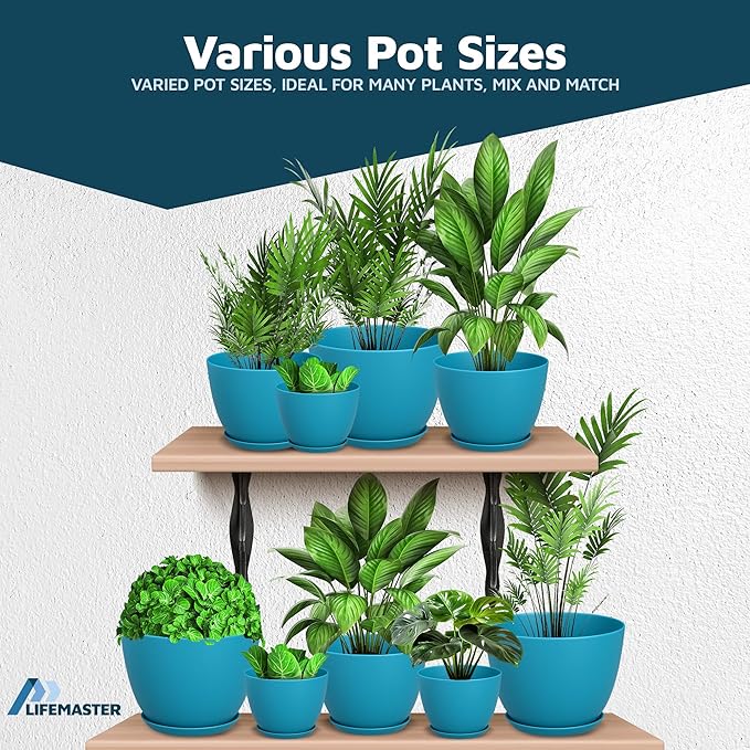 Blue Plant Pots with Drainage Holes & Saucers 5 Pack, Indoor & Outdoor Stackable Space-Saving Planters for Houseplants & Flowers, (7", 6.7", 6", 5.3", and 4.8" Inches), Durable & Weatherproof LIFEMASTER