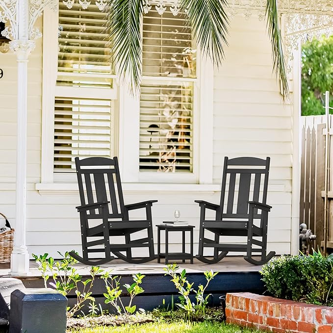 LUE BONA Rocking Chair Outdoor, Weather Resistant Poly Plastic Rocker Chairs, 350lb Heavy Duty, Oversized Porch for Adult, High Back Smooth Chairs Outdoor & Indoor, Black LUEBONA
