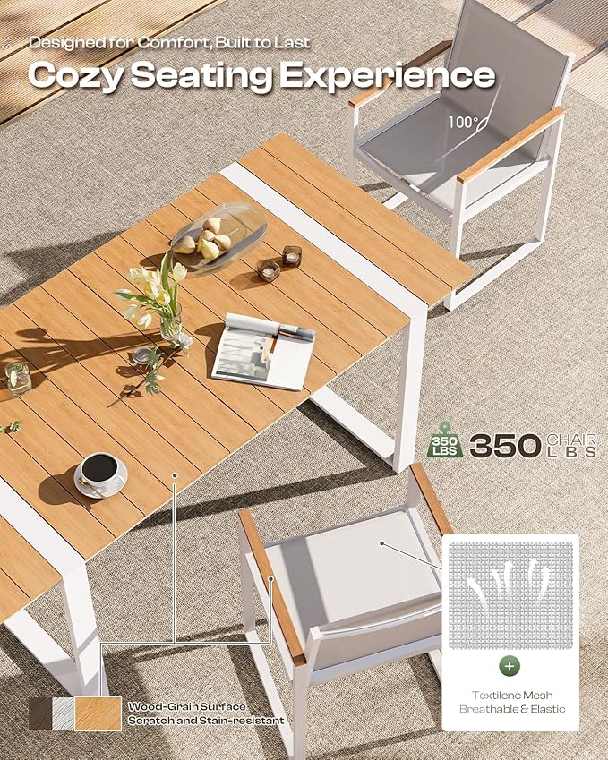 Outdoor Dining Set, HDPS + Aluminum Patio Table and Chairs Set with U-Shaped Base, 7 Piece Outdoor Furniture Set with Umbrella Hole, Patio Dining Table Set for Garden, Backyard (White-Teak) Oasbira