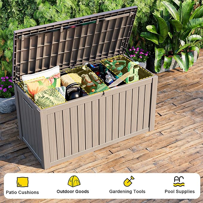 180 Gallon Outdoor Storage Box, Large Resin Deck Box for Patio Furniture Cushion Garden Tools, Waterproof and Lockable Design(Gray) Rootora