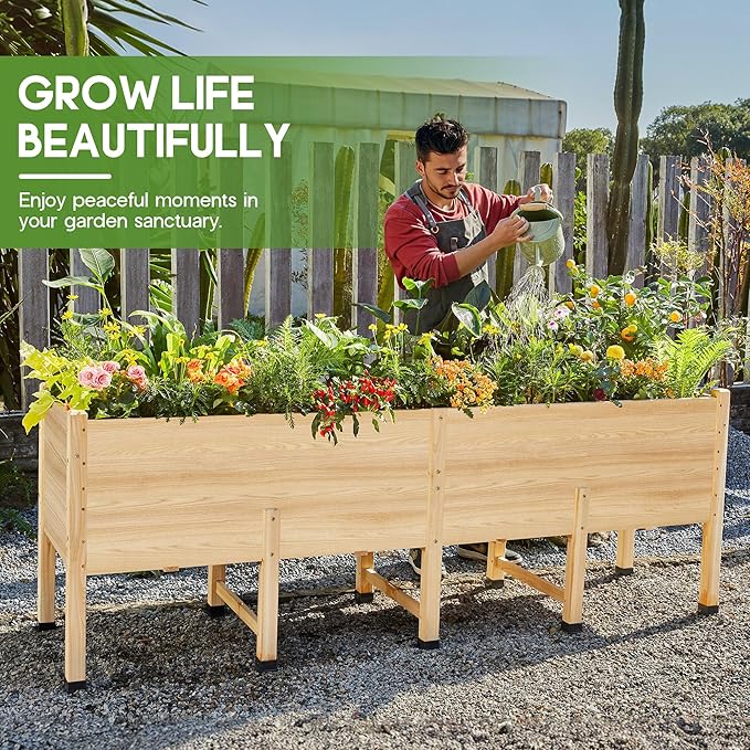 AMERLIFE 7x2 Ft Raised Garden Bed, 16 Inch Depth Featuring Legs, Drainage Holes, Ideal for Deep Rooted Vegetables, Flowers, Herbs, Elevated Wood Planter Box for Balcony, Patio, Backyard, Easy Assembly AMERLIFE