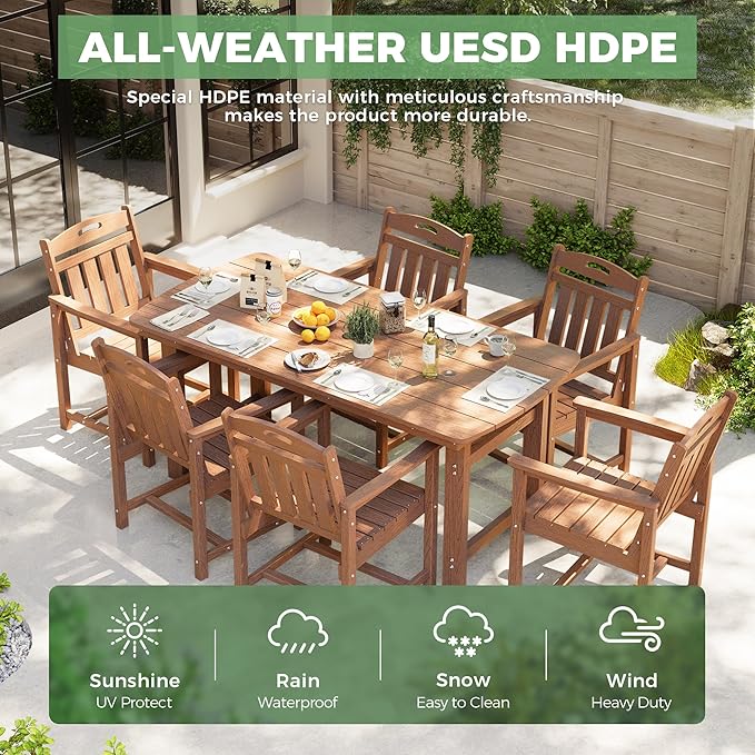 HDPE Outdoor Dining Set, Patio Table and Chairs Set, All-Weather 7-Piece Outside Table and 6 Chairs, 2" Umbrella Hole, Outdoor Furniture for Garden, Poolside, Backyard, Deck | Teak Suunyn