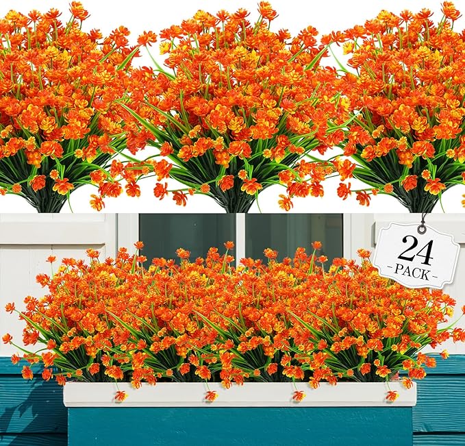 AGIRL 24 Bundles Artificial Fall Flowers Outdoor Indoor Decoration,Fake Plastic Flowers,Faux Mums Plant for Thanksgiving Fall Decor,for Hanging Outside Garden Front Door Porch Patio Window Box AGIRL