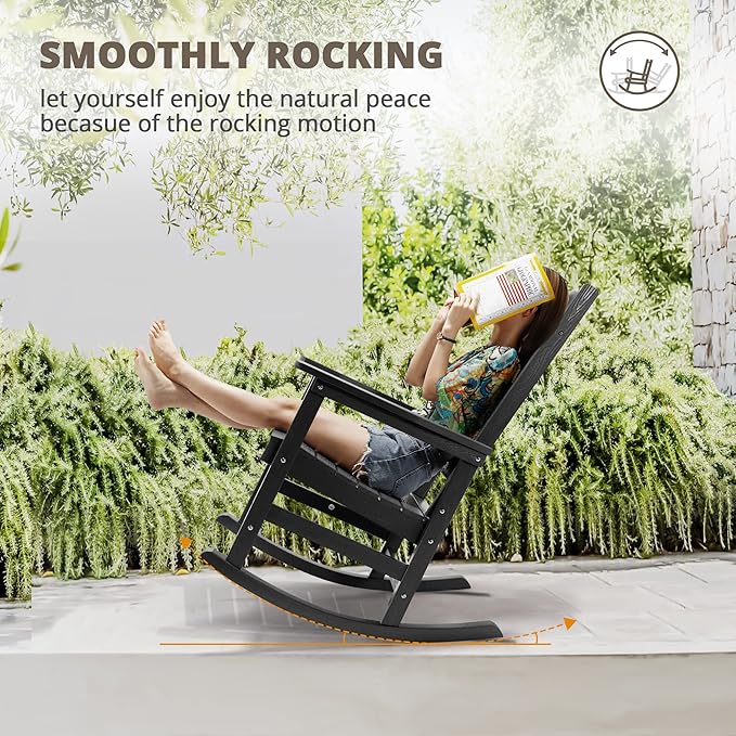 LUE BONA Outdoor Rocking Chairs Set, 3-Piece, HDPS Poly Porch Rockers with Table, Plastic Weather Resistant Rocking Chair Set for Outdoor Indoor, Garden, Backyard, 350lb, Gray Chairs+Table LUEBONA