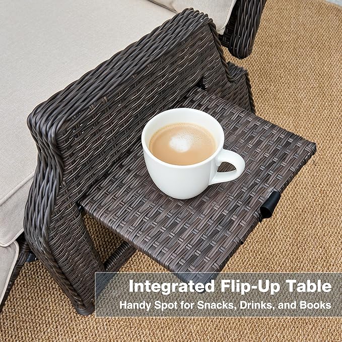 Outdoor Indoor Wicker Recliner with Adjustable Back and Footrest, Patio Reclining Chair with Flip-up Table, Outdoor Rattan Lounge Chair, Beige 2PCS COMLAXFIELD