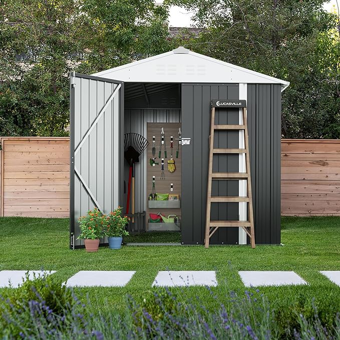 Devoko Outdoor Storage Shed 8 x 6 FT Lockable Metal Garden Shed Steel Anti-Corrosion Storage House with Single Lockable Door for Backyard Outdoor Patio (Gray) DEVOKO
