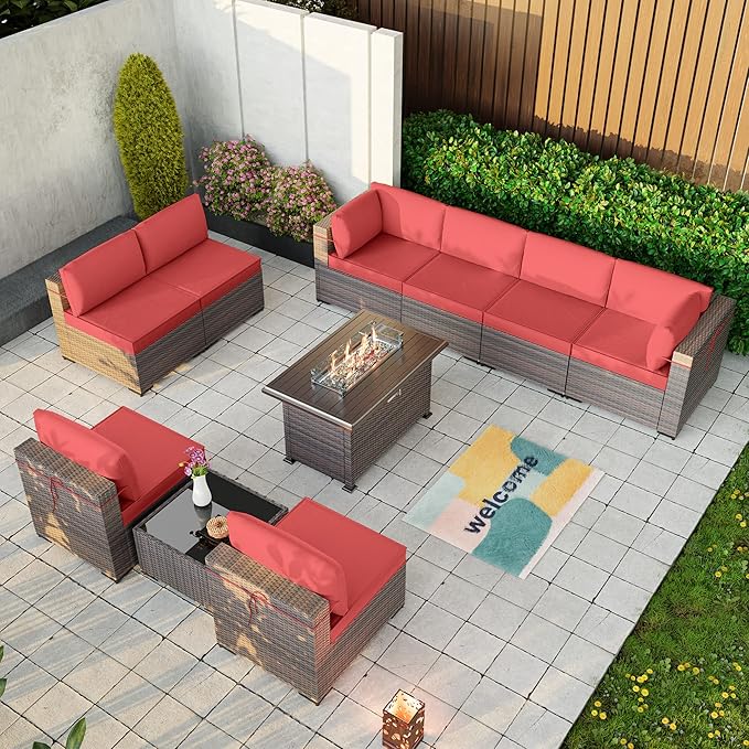 Kullavik 10 Pieces Outdoor Patio Furniture Set with 43" 55000BTU Gas Propane Fire Pit Table PE Wicker Rattan Sectional Sofa Patio Conversation Sets,Red KULLAVIK