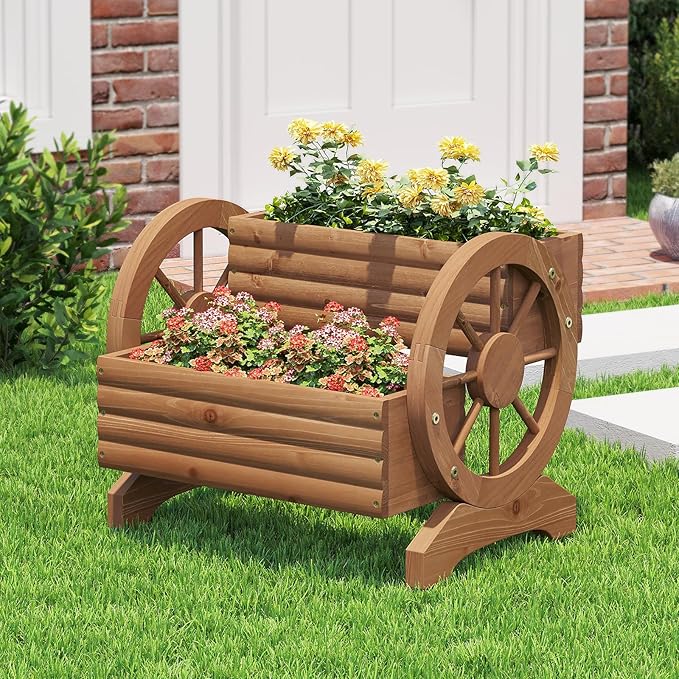 Wooden Wagon Planter Outdoor Flower Cart with Wheels Garden Planter, Decor Planter for Patio Balcony Decoration Succulent Flower Pot for Indoor Backyard Balcon Yard Decor planters (Brown) Dawnyard