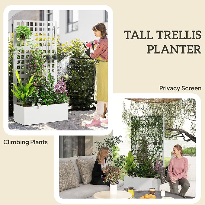 Outsunny Galvanized Raised Garden Bed with Trellis, Metal Planter Box with Drainage Holes, Outdoor Privacy Screen for Climbing Plants, Vegetable, Vines, 35" x 16" x 70", White Outsunny
