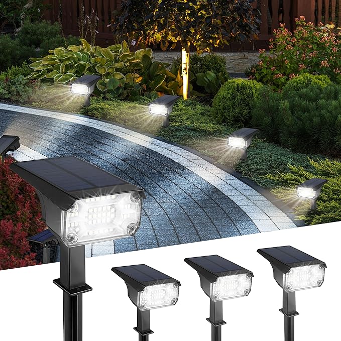 Kingsyard Solar Lights Outdoor Waterproof IP68, 47 LEDs 3 Lighting Modes USB & Solar Powered Garden Yard Pathway Spot Lights for Outside Landscape, Auto On/Off, 4 Pack(Cool White) Kingsyard