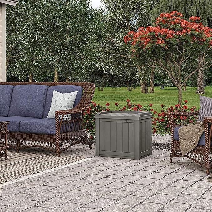 Suncast 2 Pack 22 Gallon Indoor or Outdoor Backyard Patio Small Storage Deck Box with Attractive Bench Seat and Reinforced Lid, Stone Gray Suncast