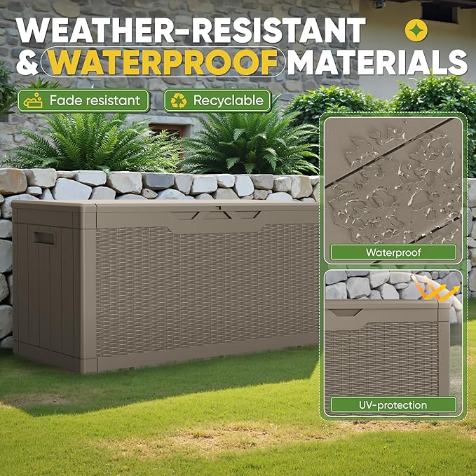 Greesum Outdoor Storage Box 100 Gallon Storage Bin with Lid for Patio Furniture, Garden Tools, Pool Supplies, Lockable, Waterproof and UV Resistant, Light Coffee BuynowfromGreesum