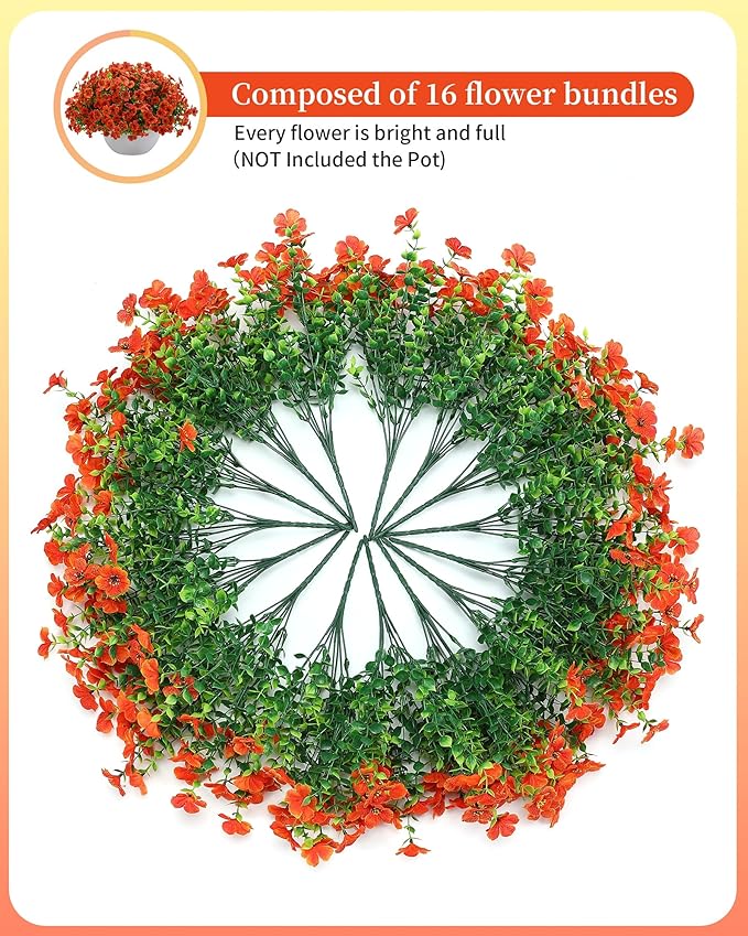 Fake Mums Faux Flowers for Outdoor Planters 16 Bundles UV Resistant Artificial Eucalyptus Plants Outside Fall Yard Decoration Realistic Silk Daisy Patio Front Porch Garden Pots Decor-Orange Red JAKY-Global